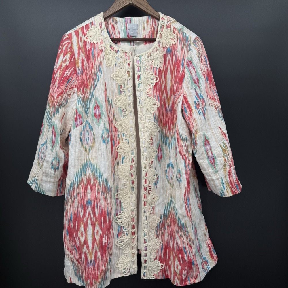 Chico's Size 3 Large 16/18 100% Linen Ikat Floral Trim Open Front Jacket Duster